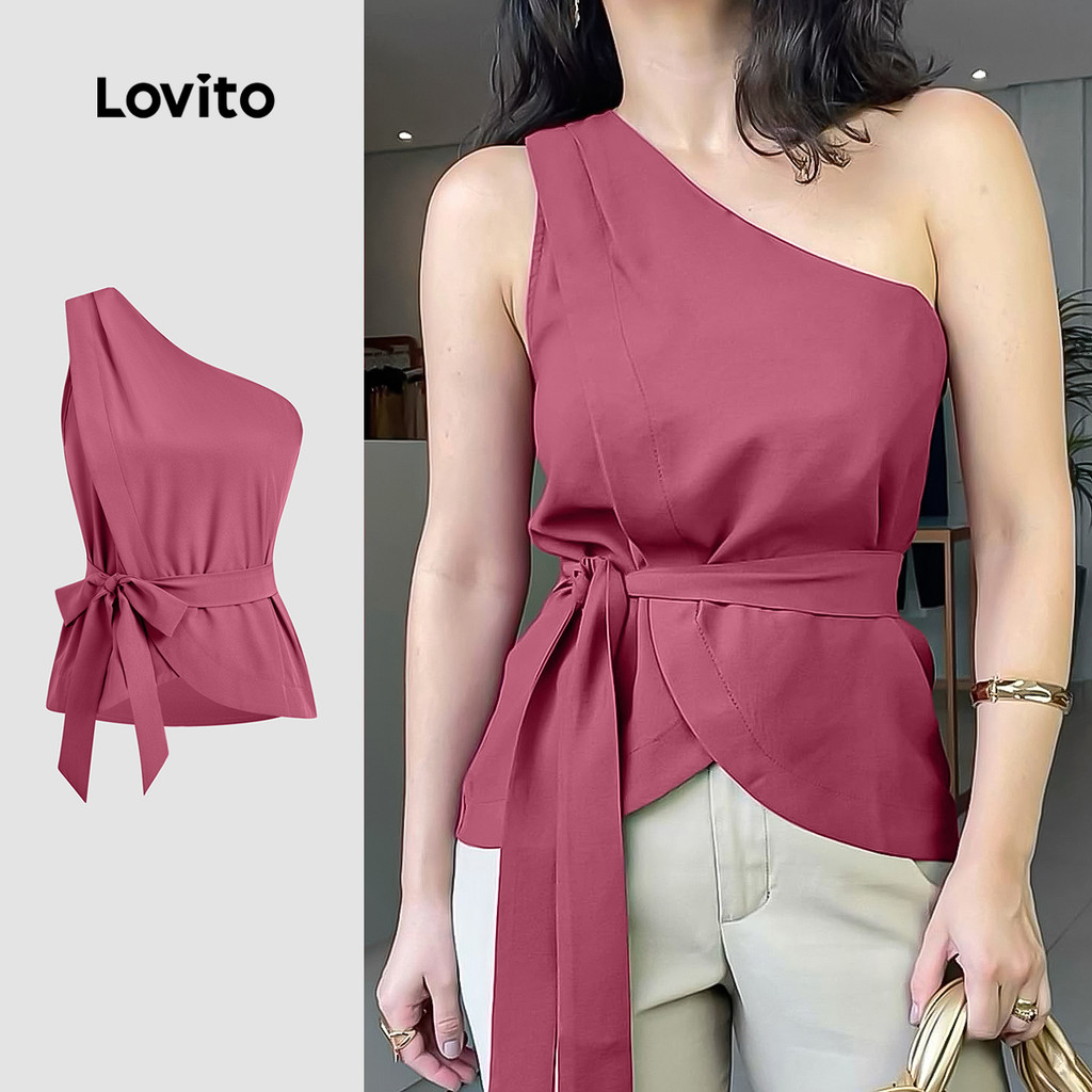 Lovito Casual Top Assimétrico Cinto Rosa Vermelho Feminino L171AD055