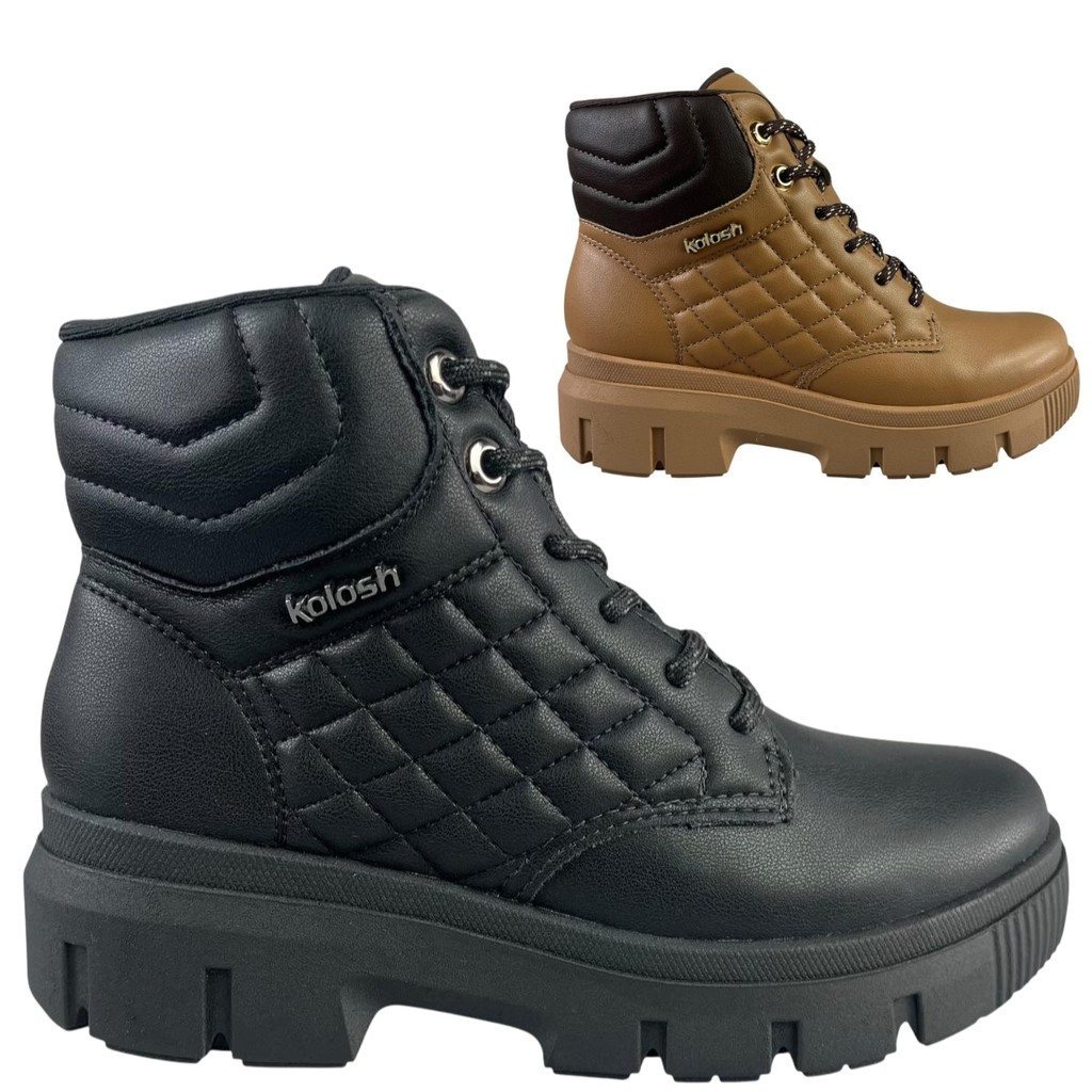 Bota Coturno Kolosh Feminina Original Tratorada Cano Curto com Cadarço e Zíper Conforto
