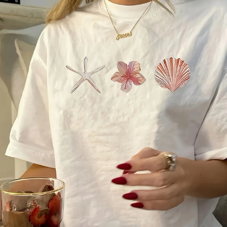 Blusa Feminina Minimalista Oversized Larga Confortável Estampas do Mar Algodão Tendência