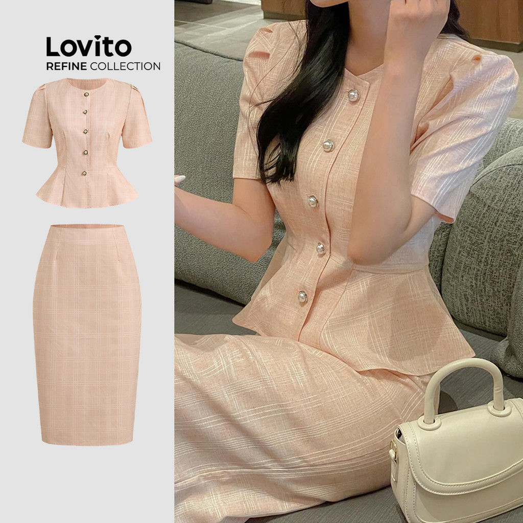 (Lovito Refine) Peças Elegantes (Tops/Calças) Botões Primavera/Verão Rosa Peças Evangélicas Mulheres LR21L083 em Oferta na Shopee