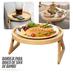 Bandeja Redonda de Bambu Dobrável para Braço de Sofá Porta Copos