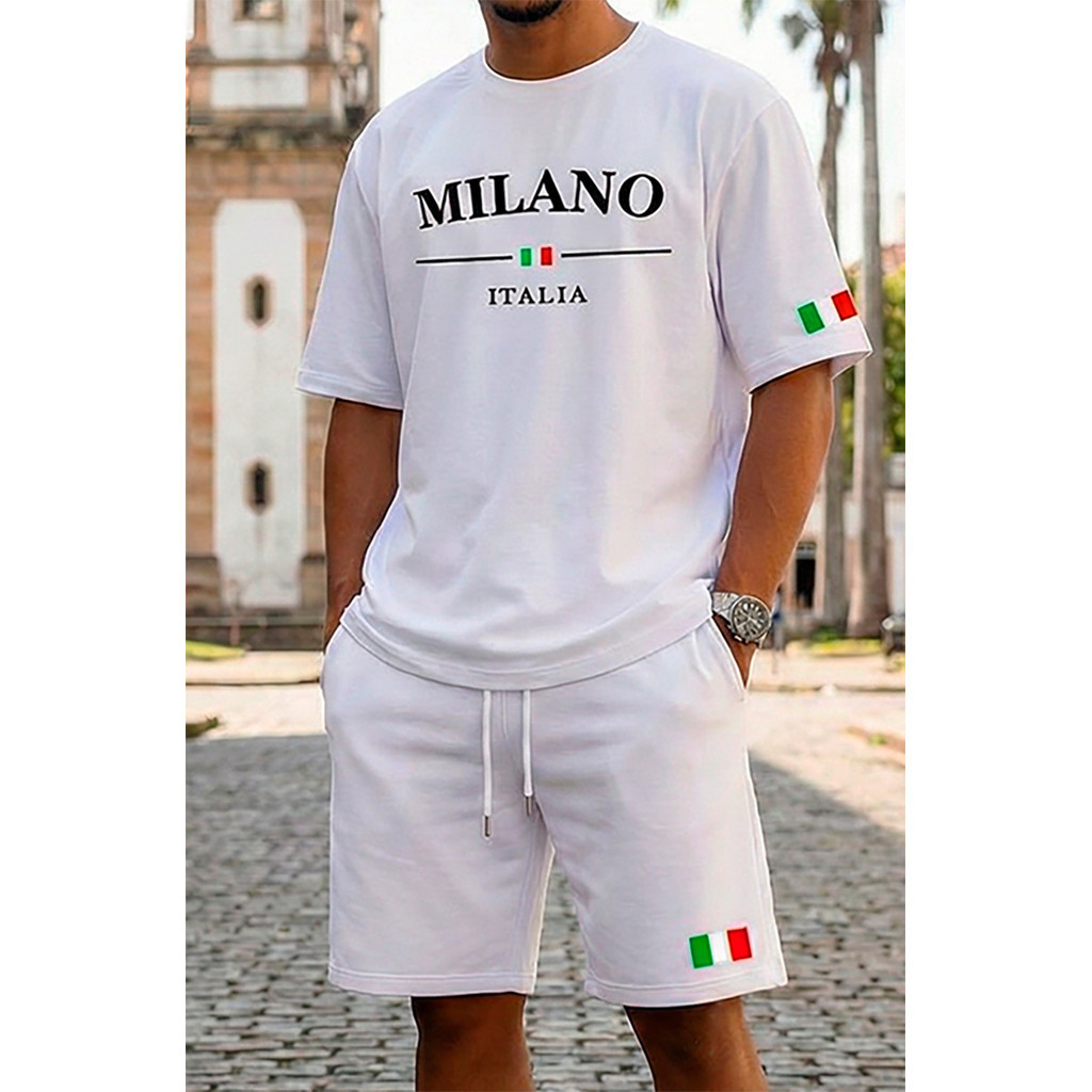 Conjunto Camiseta Moletom e Bermuda Estampada Milano Itália Premium