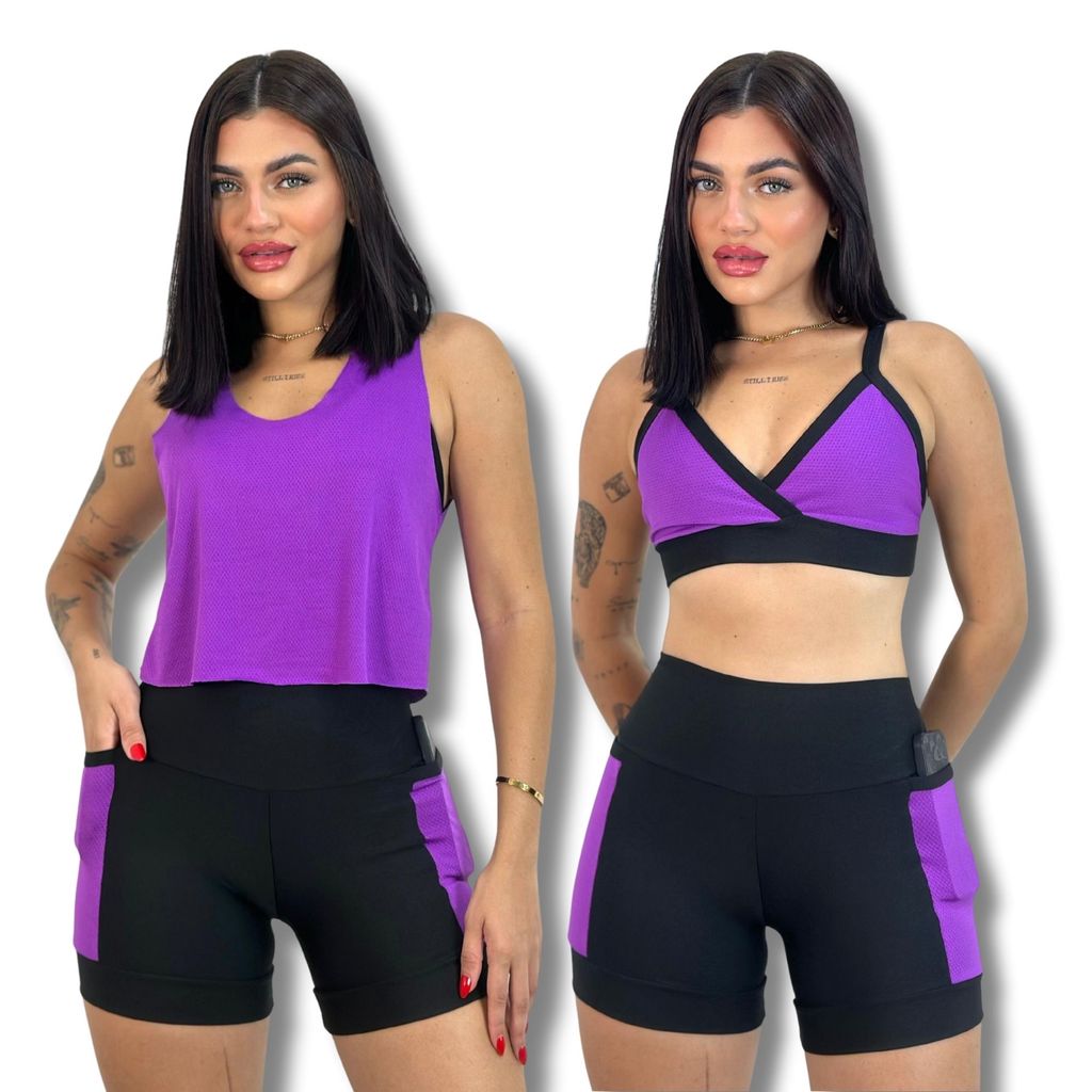 Conjunto Academia KIT 3 Peças Short  Top e Blusa Baby Look Dryfit Fitness em Oferta na Shopee