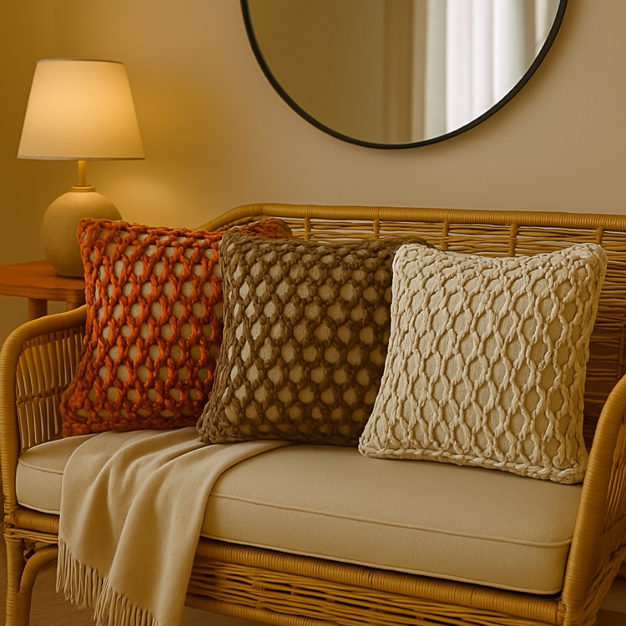 Capa Boho Trançada 43x43 – Estilo Rústico com Textura Artesanal e Cores Naturais em Oferta na Shopee