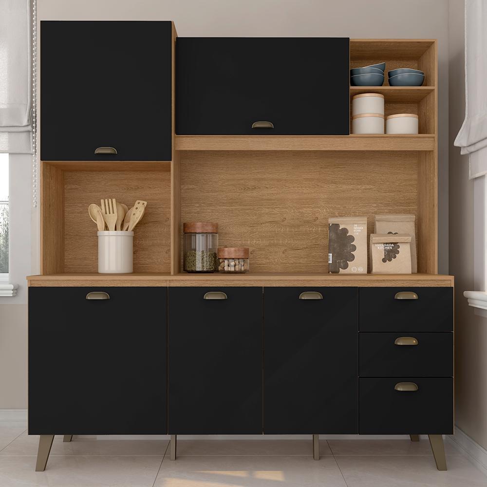 Armário De Cozinha Lily Retro 5 Pts 3 Gavetas Carv.americ/preto - M.a em Oferta na Shopee
