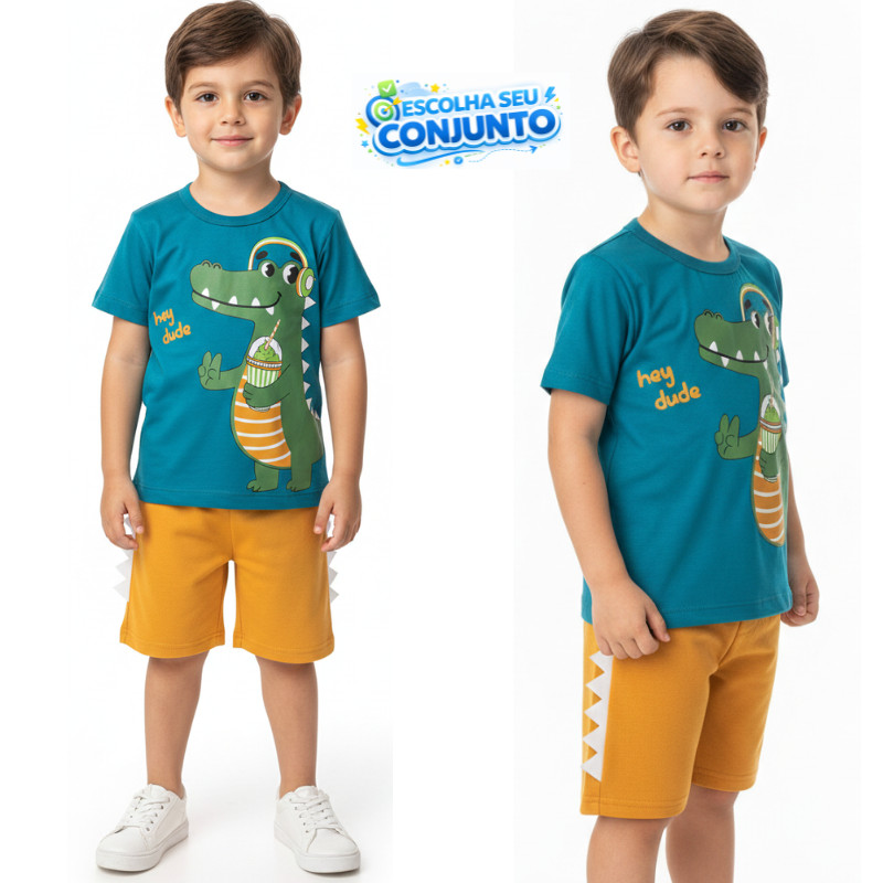 Conjunto Infantil Masculino Manga Curta Verão Dinossauro Camiseta Azul Petróleo Bermuda Interativa Mostarda Casual