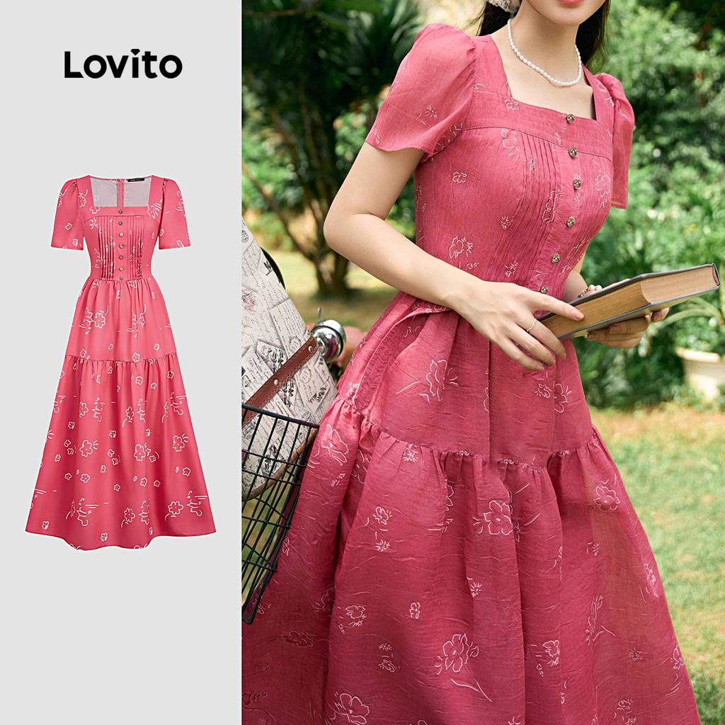 Lovito Vestido Casual Estrutura Linha Primavera/verão Rosa Vestido para Mulheres L164ED470