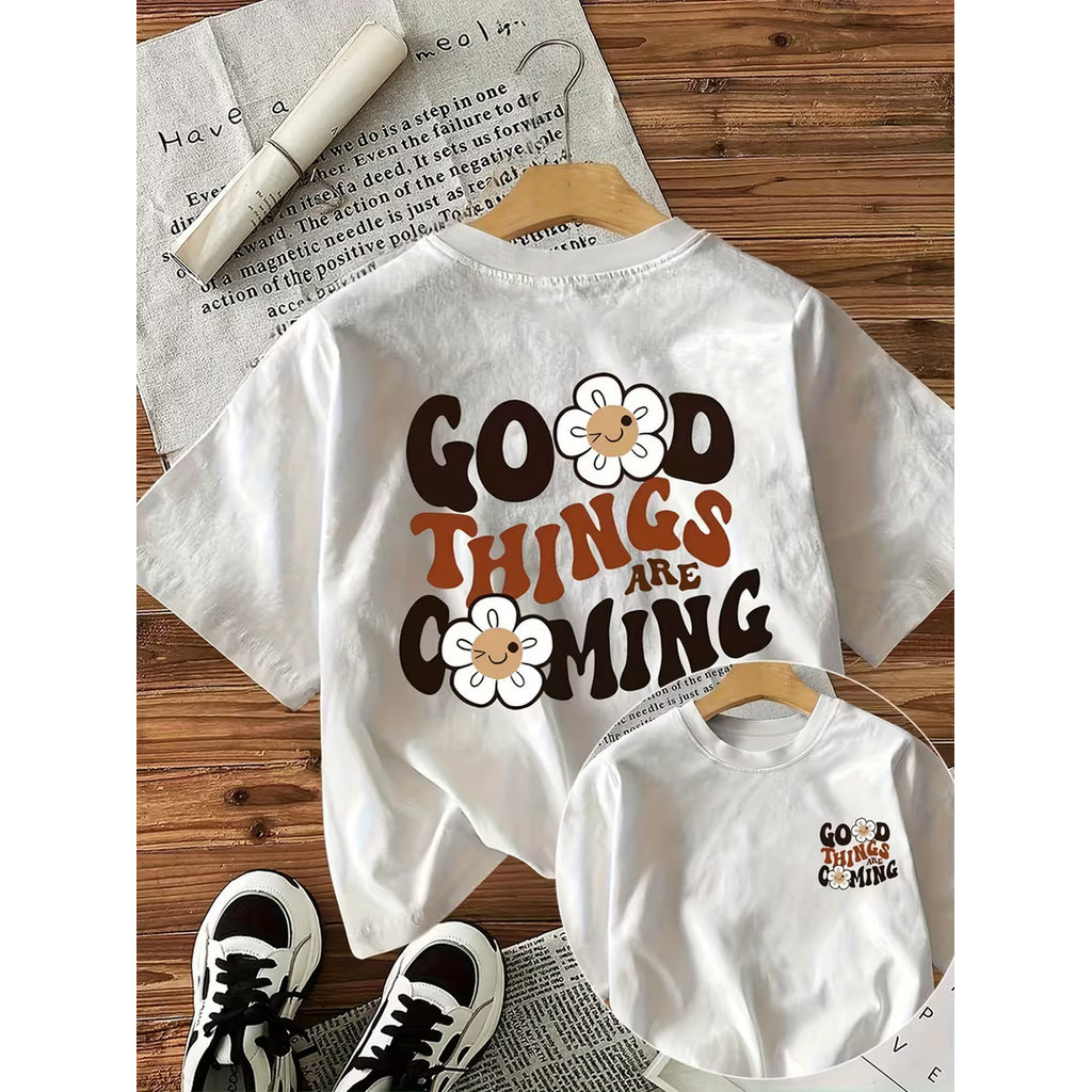 Camiseta Algodão Feminina Básica Premium Good Things Are Coming Casual Moda Primavera Verão Confortável