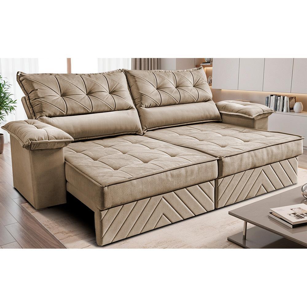 Sofá Retrátil e Reclinável 3,00m com Molas e Espuma D33 Thunder Velusoft Bege Cama inBox
