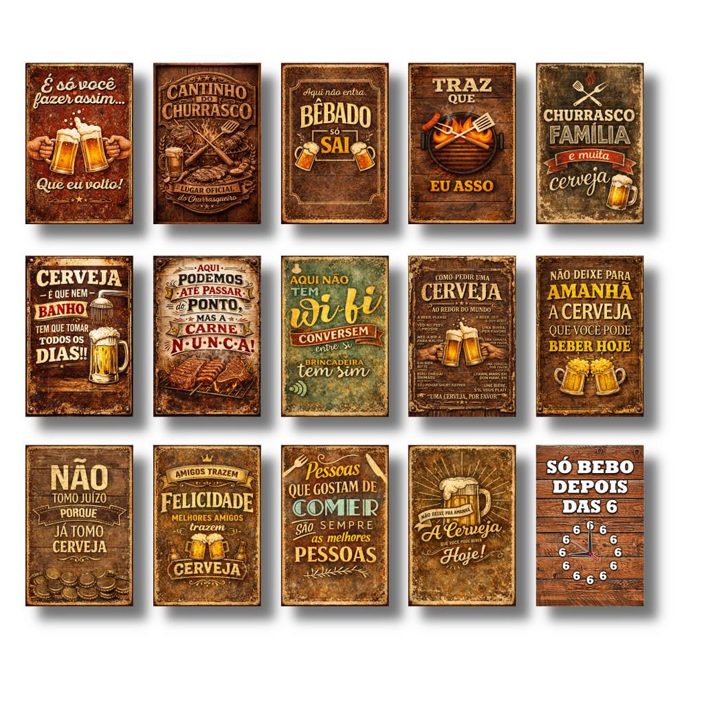 Kit 15 Placas Decorativas Vintage Bar Churrasco Cerveja