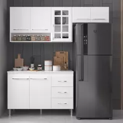 Cozinha Modulada Compacta Fidelitá Viena 3 Peças 190cm 7 Portas 3 Gavetas Com Tampo Branco
