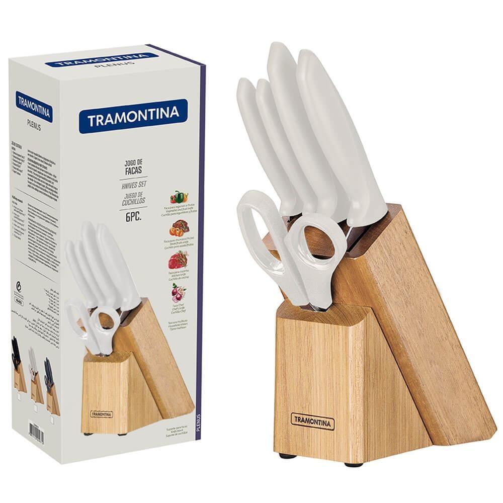 Jogo de Facas Tramontina Plenus Lâminas Aço Inox Cabos Polipropileno Off White e Suporte de Madeira 6 Peças 23498315