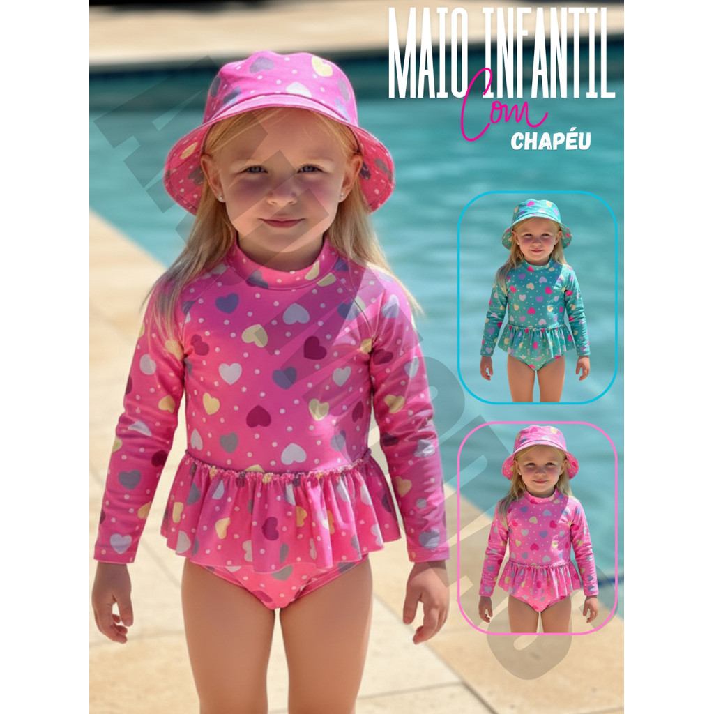 Maiô Infantil UV 50+ Bebê Menina com Chapéu Conjunto Moda Praia Verão