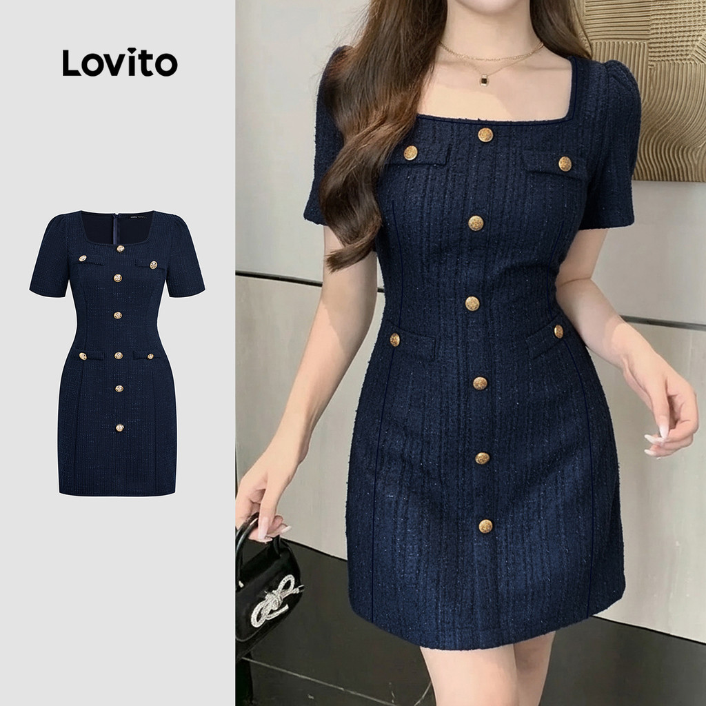 Lovito Vestido Preto Primavera/verão com Frente de Botões Inspirado No Estilo Chanel para mulheres LK2ED1279