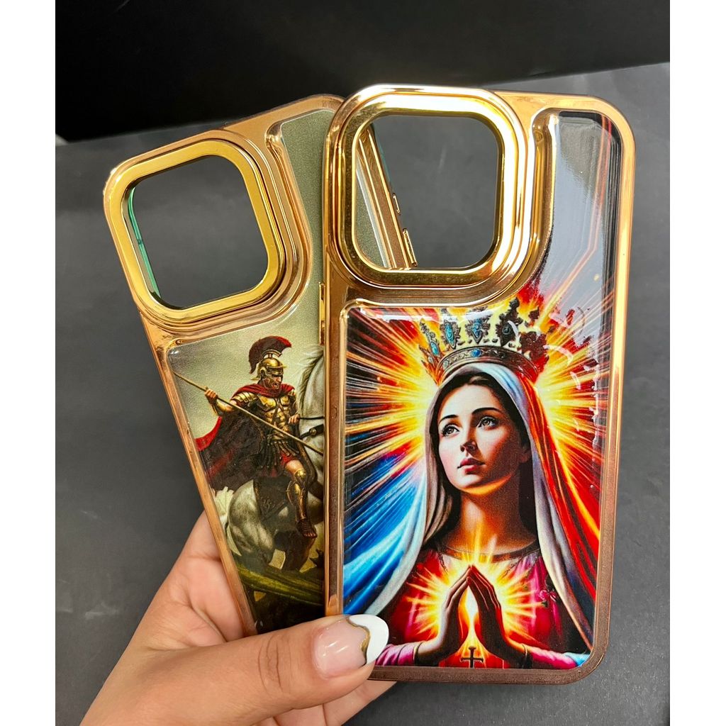 Capa de Celular Religiosa Premium – Jesus, Nossa Senhora e Espírito Santo