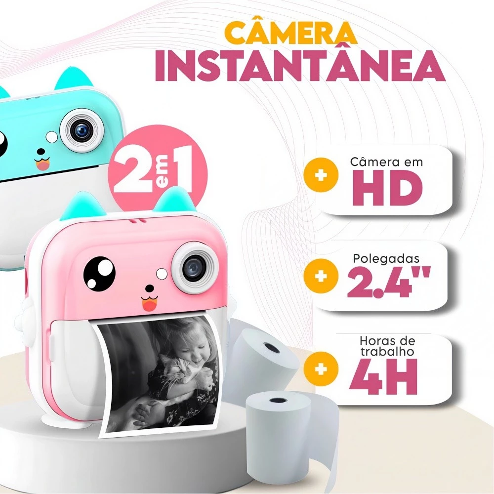 Mini Câmera Digital Infantil com Impressão, Câmera Instantânea para Crianças, Ideal como Brinquedo para Menino e Menina