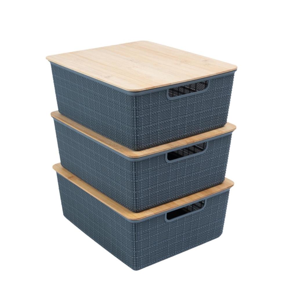 Kit 3 Caixas Organizadoras Tampa de Bambu 12l Cinza - Oikos em Oferta na Shopee