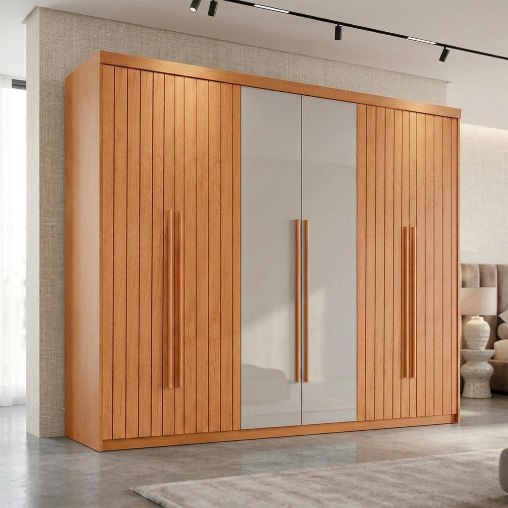 Guarda-Roupa Casal Frisado Xangai 100% MDF 6 Portas 2 Gavetas Naturalle e Off White em Oferta na Shopee
