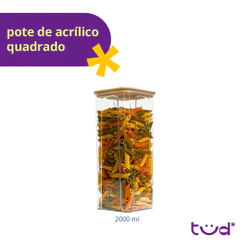 Pote de acrílico 2L com tampa bambu hermético quadrado - Tüd