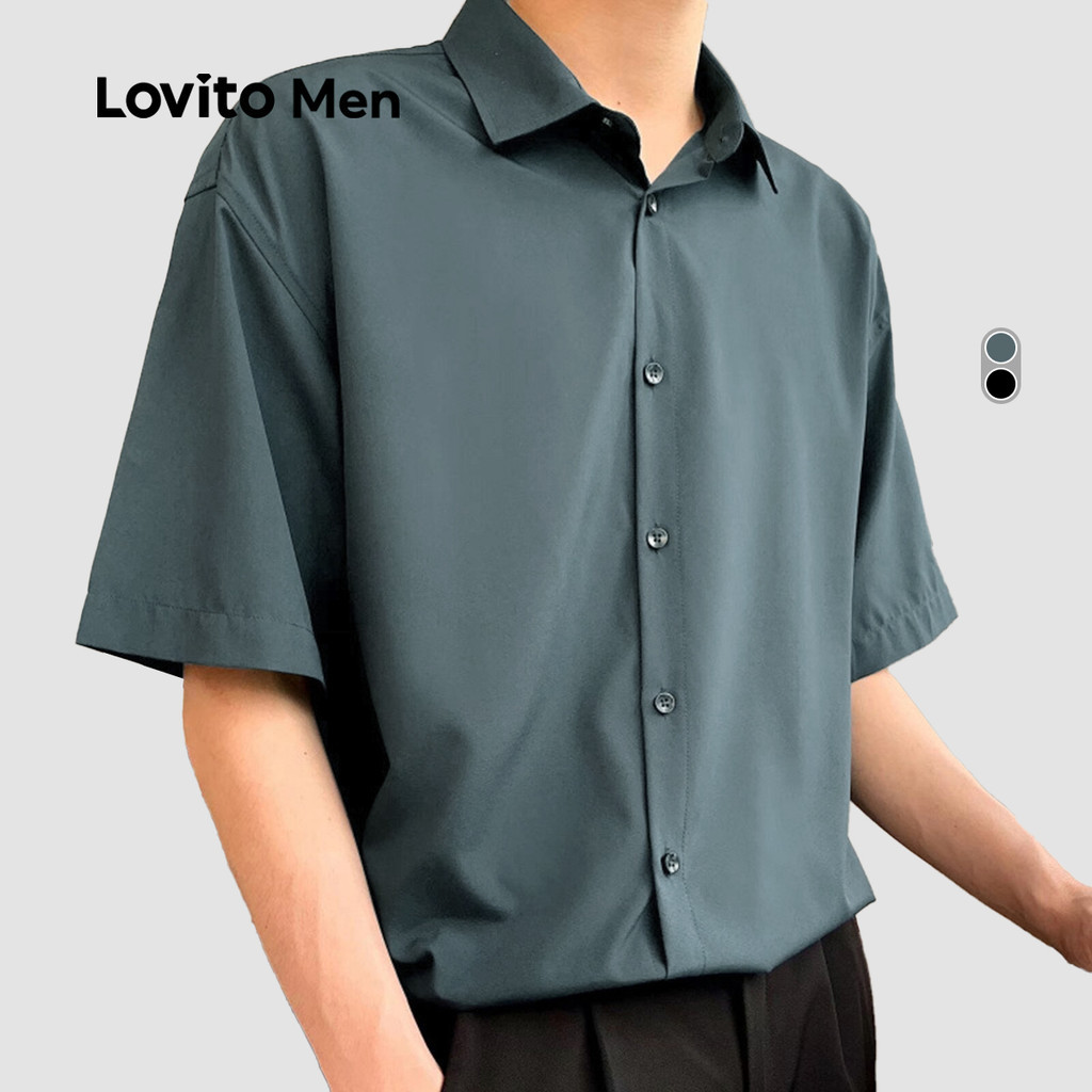 Lovito Men Camisa Elegante para Deslocamento com Botões Na Frente Primavera/verão Preta para homens LNE122148 em Oferta na Shopee