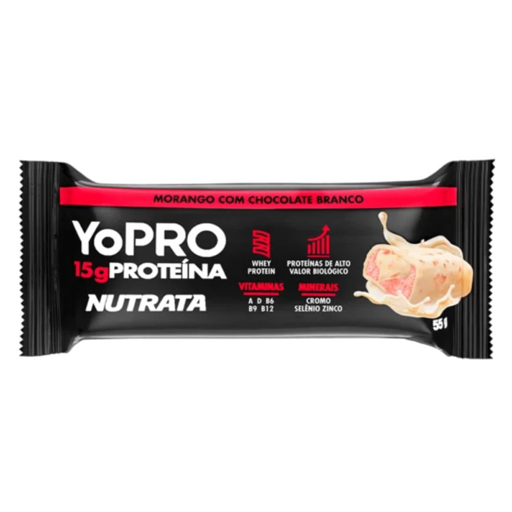 Barra de Proteína YoPro 15g de Proteína Nutrata Morango com Chocolate Branco 55g em Oferta na Shopee