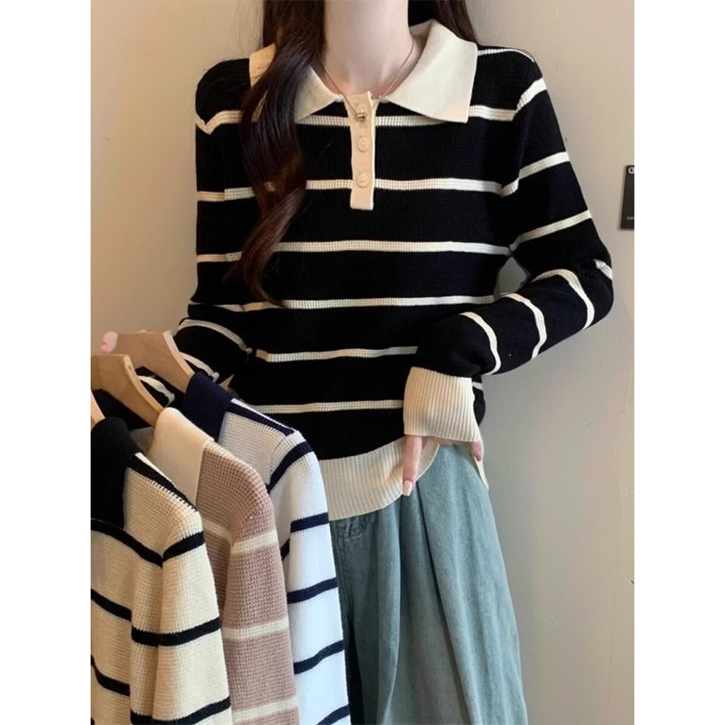 Versão coreana listrado camisola polo lapela manga longa feminino outono inverno High-End Casual contraste cor Design ni