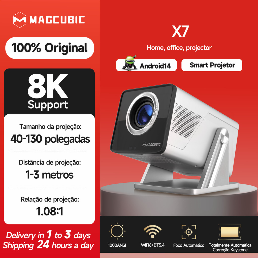 Magcubic X7 Projetor 1000ANSI Foco Automático Android 14 WIFI6 BT5.4 Support 8K/4K Alto-falante De 5 W Home Cinema