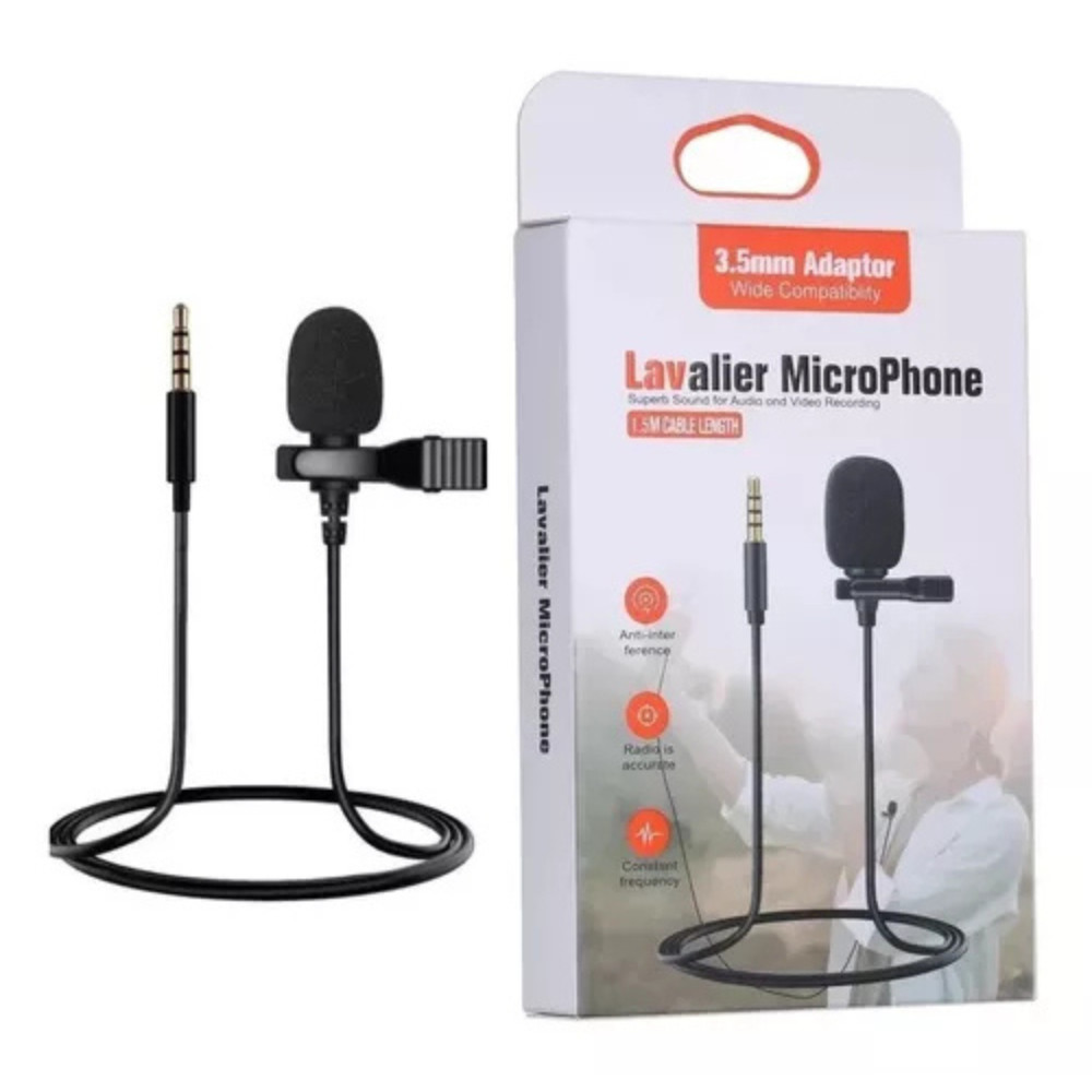 Microfone Lapela Profissional Cor Preto Lavalier 1,5m Cabo Preto Para Android Pc Gamer Notebook