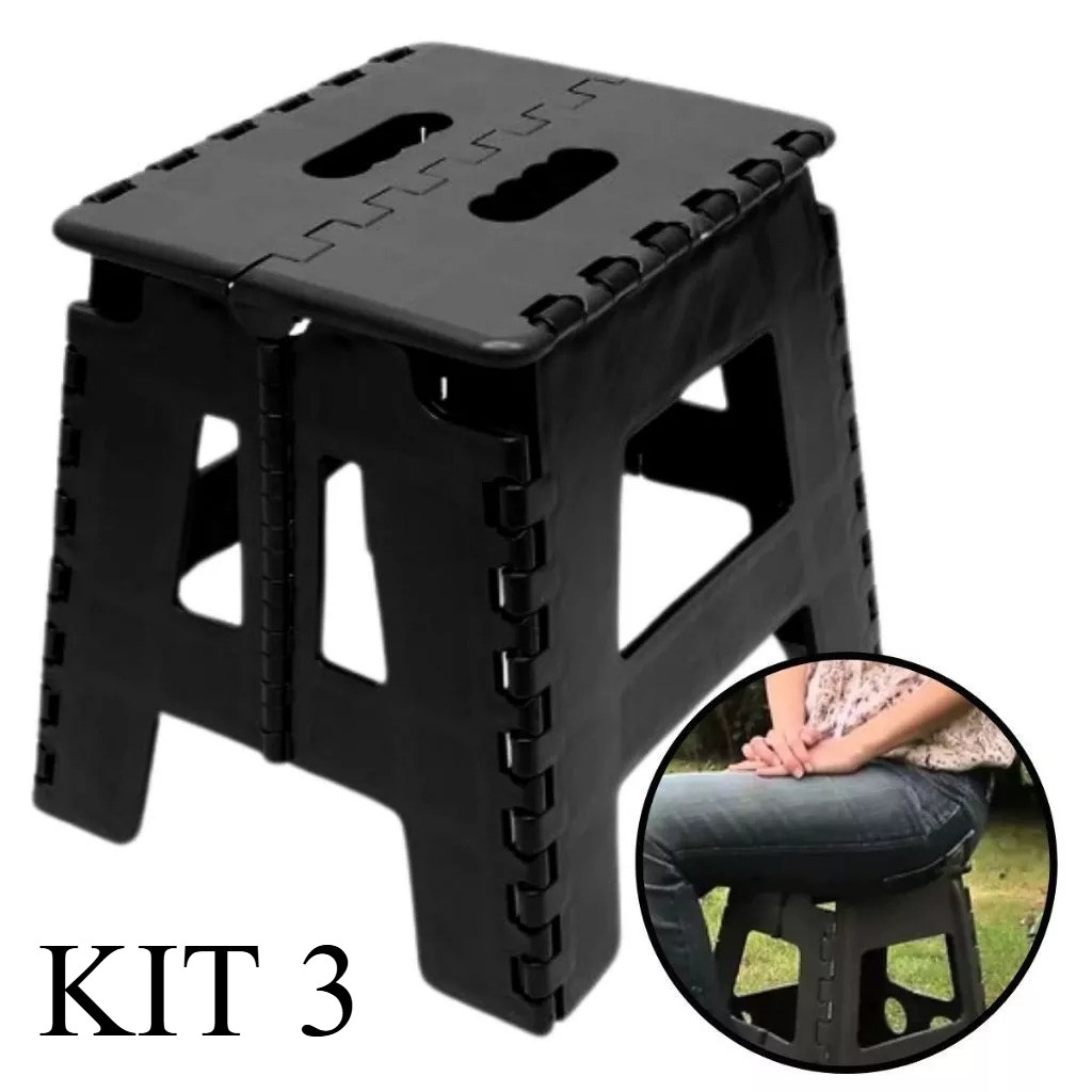 Kit 3 Bancos Plástico Dobrável Multiuso Banquinho Portátil Reforçado Banqueta 100kg Antiderrapante Compacto Camping