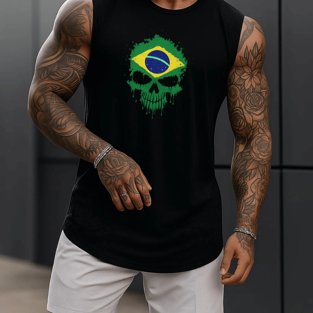 Regata Masculina Academia Algodão Caveira Brasileira 100% Estampada Treino Fitness Casual Streetwear Verão