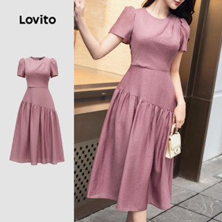 Lovito Vestido elegante plissado babado bainha primavera/verão vestido cinza rosa para mulheres LK3ED1882 em Oferta na Shopee