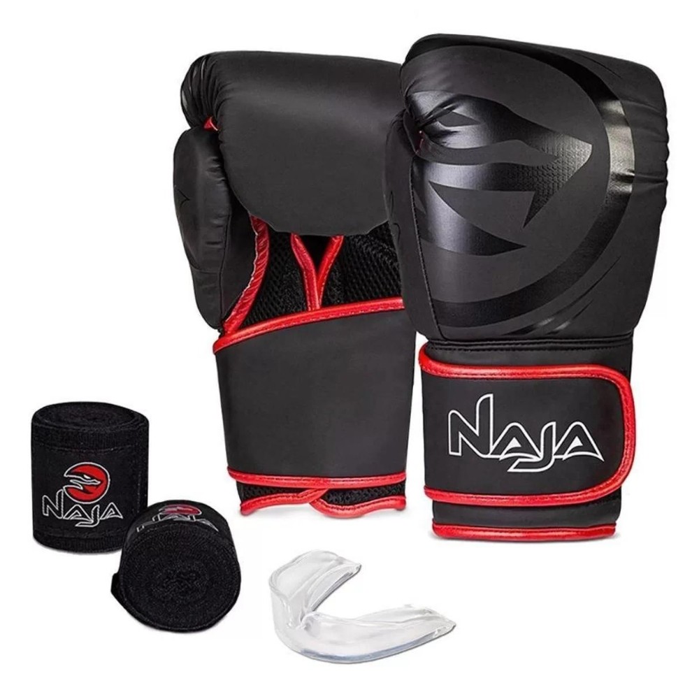 Kit Luva de Boxe e Muay Thai Naja 14oz Preto/Vermelho + Bandagem + Protetor Bucal + Bolsa em Oferta na Shopee