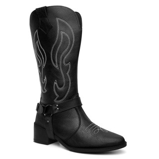 Bota Texana Western Country Feminina Preta Com Cabresto Removível Bordada Estilo Boiadeira