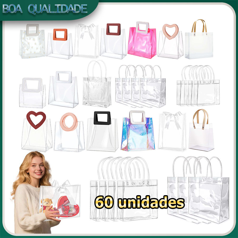 Kit 60 Sacos de presente transparentes com alças sacolas de PVC transparentes reutilizáveis para casamentos/aniversários