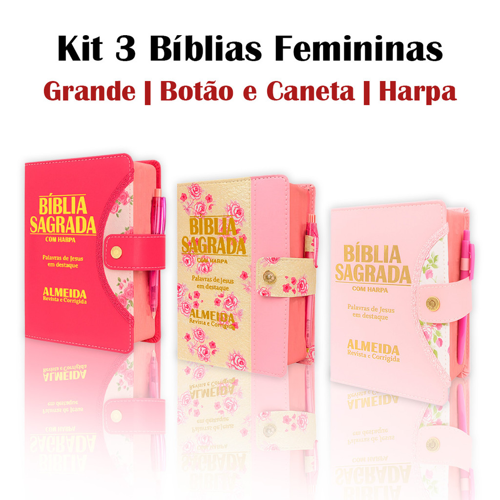 Kit 3 Bíblias Letra Grande Feminina com Harpa - Botão e Caneta RC em Oferta na Shopee