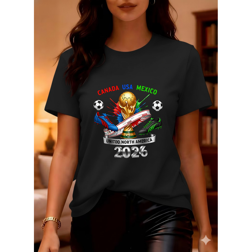 Camiseta De Futebol Copa Do Mundo 2026 Canadá Usa México, Estampa Com Troféu, Bola De Futebol, Sapato De Futebol, Cinco