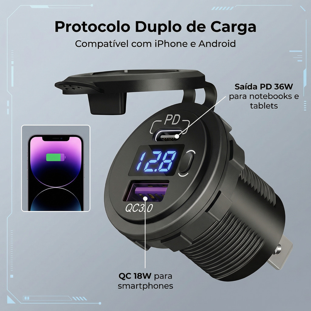 Tomada Carregador Carro Usb Tipo C Pd3.0 Voltimetro Vermelho VPL-3304