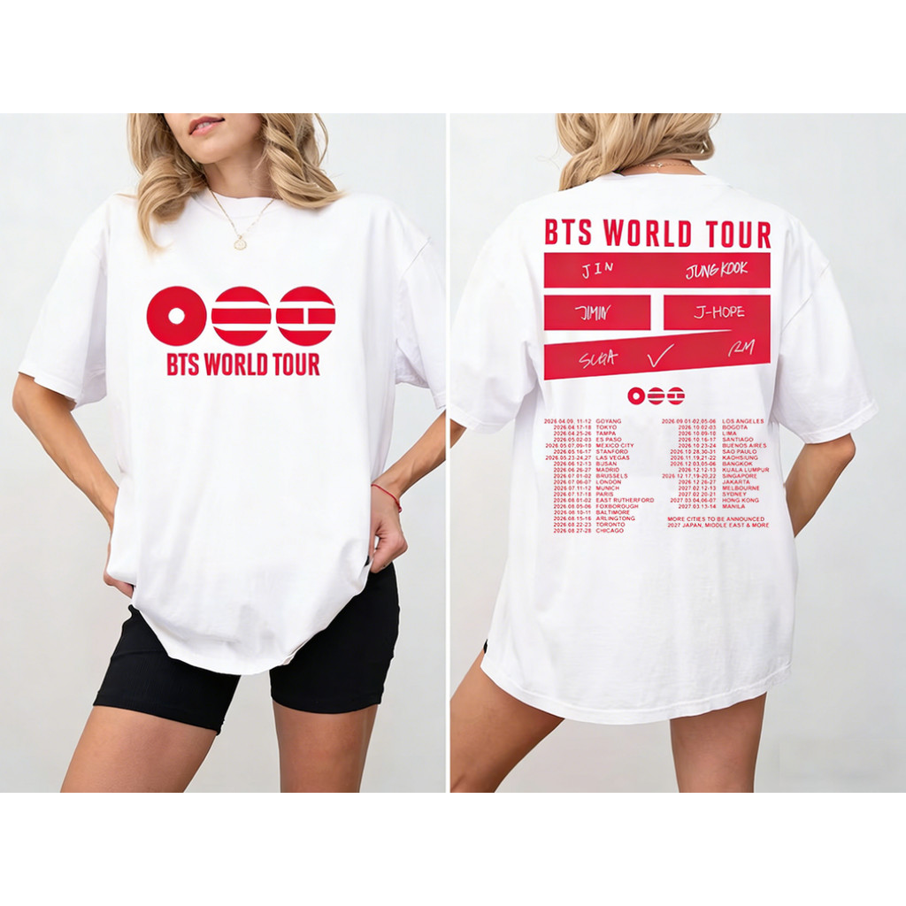 Camiseta Feminina BTS World Tour 2026 Camisa Army BTS Fãs Kpop T-shirt Unissex Branco Streetwear