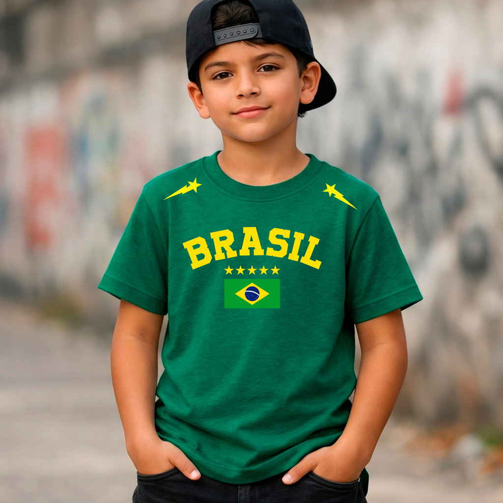 Camiseta 100% Algodão Verde Estampa Bandeira do Brasil Copa Futebol Hexa Unissex Premium