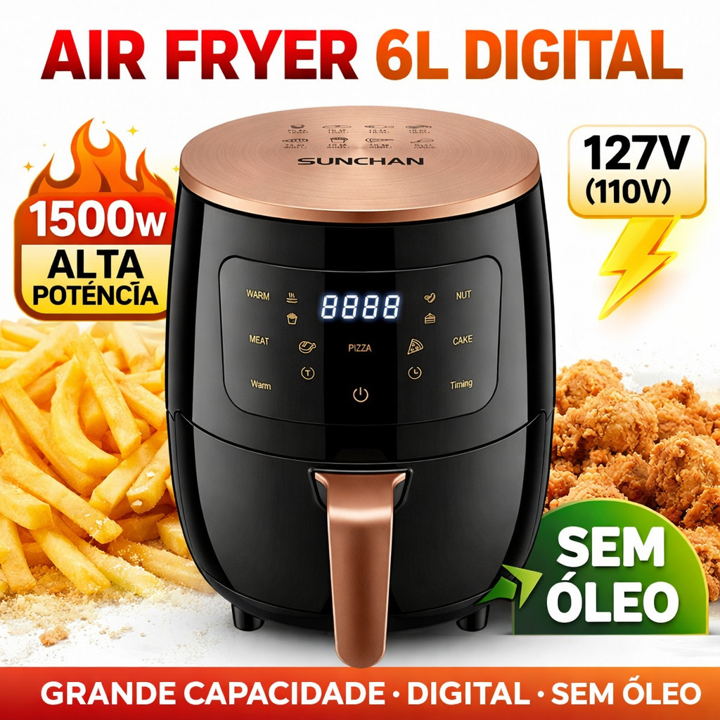 Fritadeira Air Fryer 6L Digital 1500W Sem Óleo 127V Grande