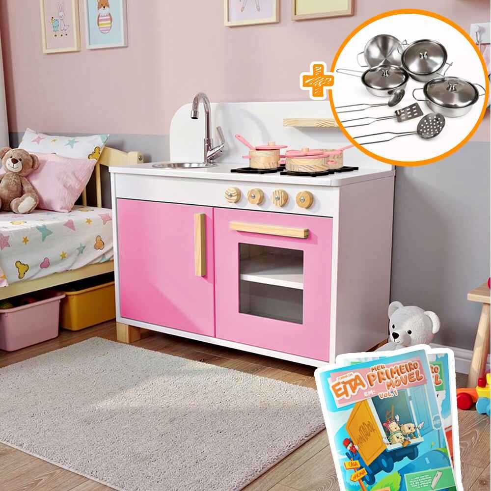 Cozinha Infantil de Madeira Compacta Com Panelinhas Inox Faz de Conta Chef Brinquedo Pedagógico Kit Livro Educativo