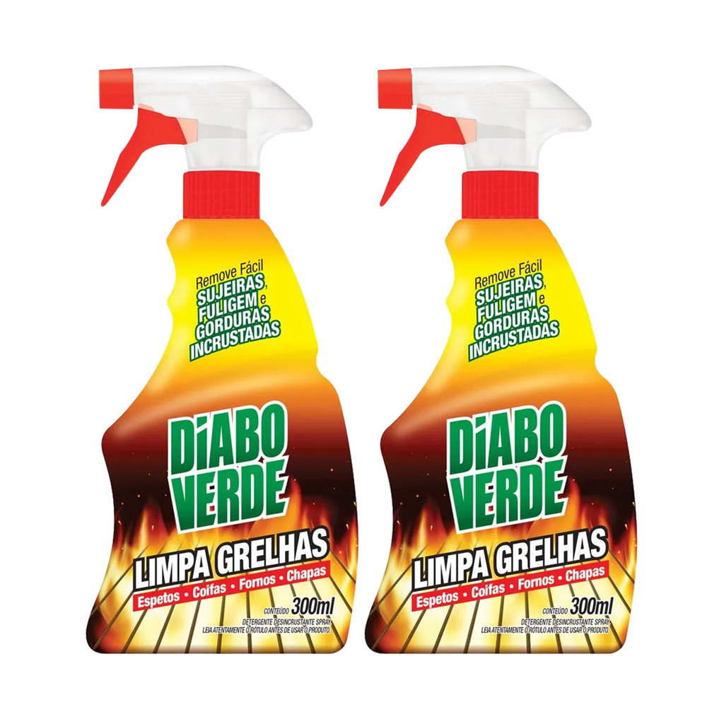 Kit 2 Limpa Grelhas em Spray Diabo Verde 300ml Churrasqueira Parrilha Chapas Fogões Coifa Airfryer Limpa Fácil