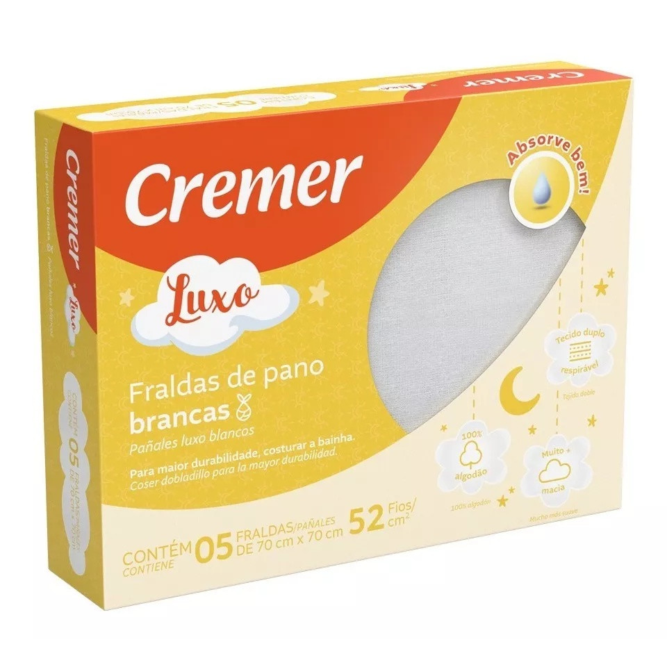 Fralda Cremer Luxo Branca C/5 Unidades 70x70 Cm