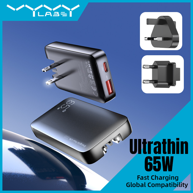 Vyvylabs 65W Ultra-Slim GaN Carregador Dobrável Eua/Ue/Reino Unido Plug USB Tipo C Porta Dupla Carregamento Rápido Para
