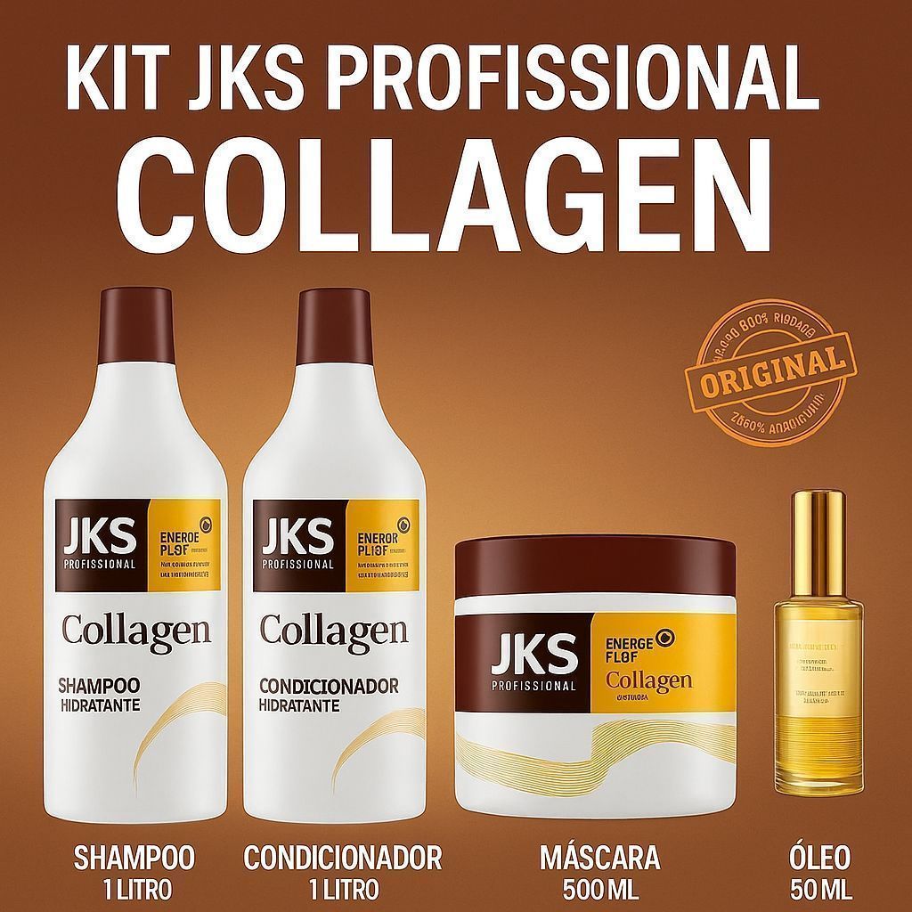 Kit JKS Profissional Collagen Shampoo 1L + Condicionador 1L + Máscara 500ml + Óleo 50ml . 1