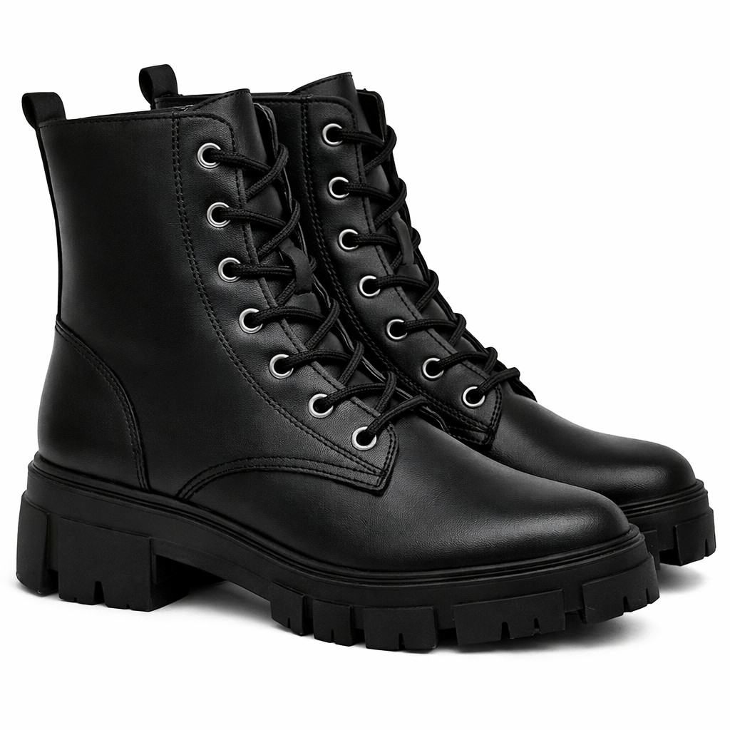 Bota Coturno Feminina Tratorada Preta Cano Médio Confortável