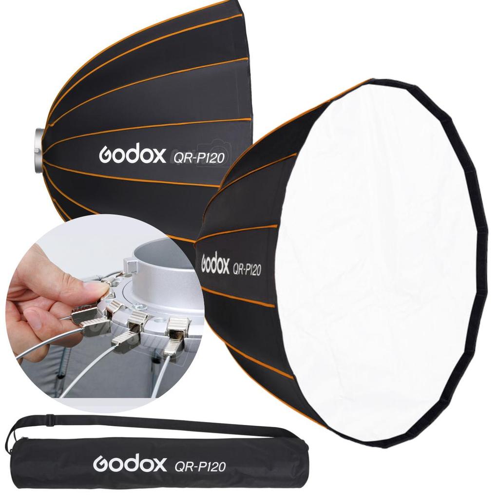Softbox Bowens Parabólico Godox QR-P120 Montagem Rápida e Fácil Ideal para Estúdios, Fotos e Vídeos