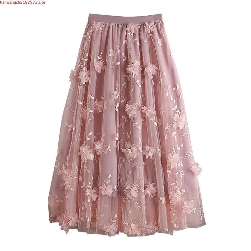 Saia de Tule Elástica Plissada Bordada para Mulheres com Cintura Alta Mini 4MNW