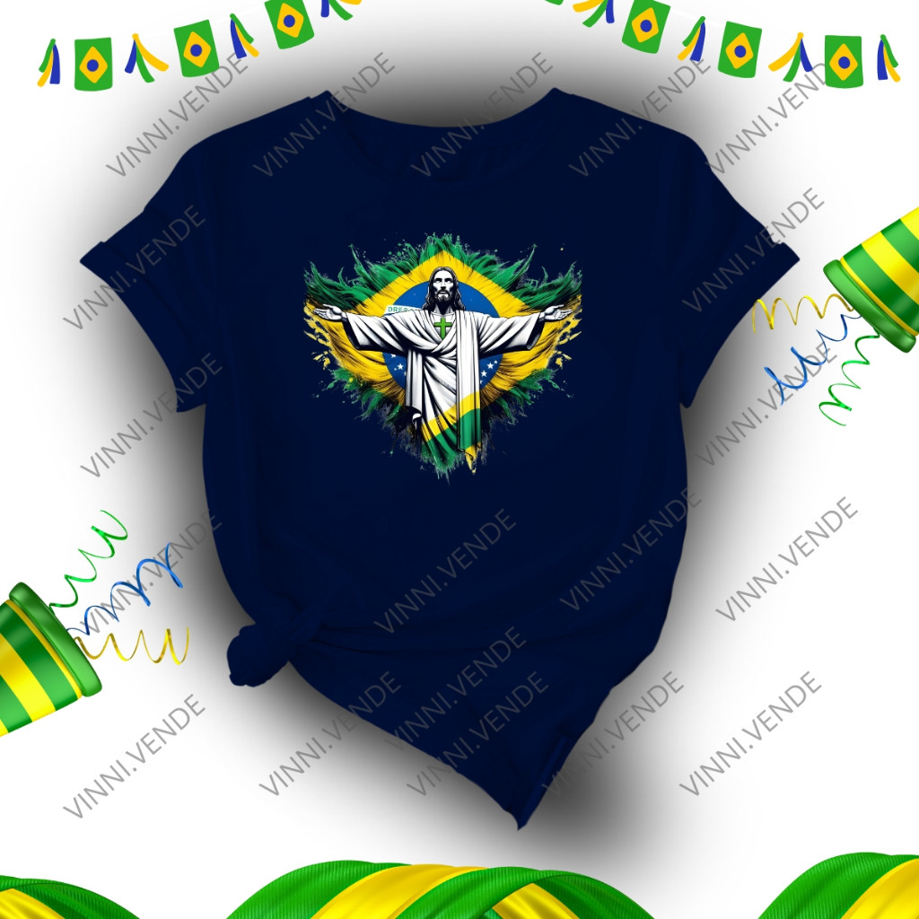 Camiseta Brasil Cristo Redentor Blusa 100% Algodão Unissex Copa do Mundo 2026 Tendência