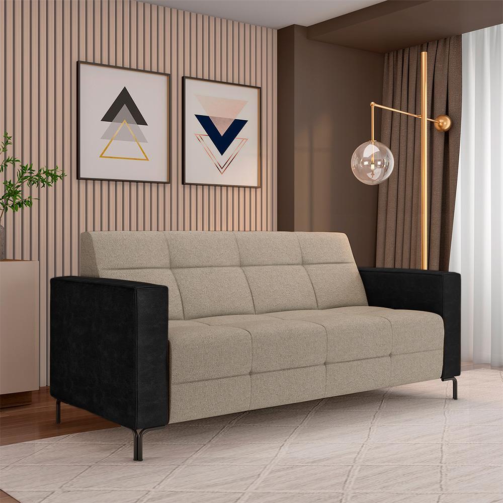 Imagem Sofá Living Decorativo Houston 2 Lugares 160cm Pés em Metal Linho/ PU Bege Escuro/ Preto G33 - Gran Belo